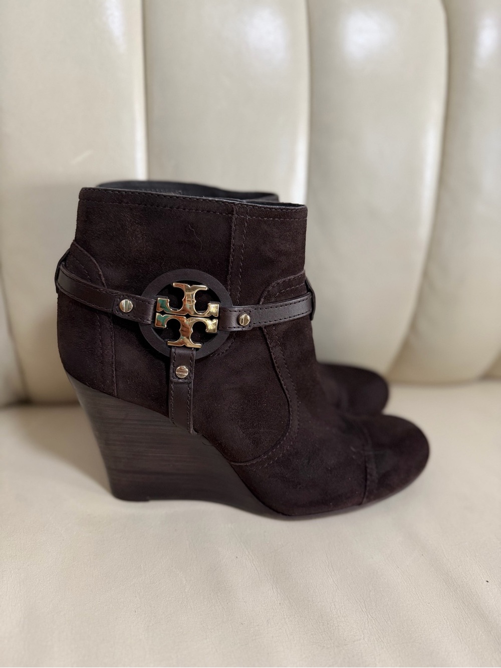 Tory Burch Brown Suede Wedge Ankle Boots with Logo Hardware